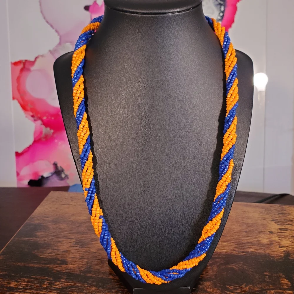 Vintage Seed Bead Twist Blue Snd Orange necklace - Picture 2 of 4